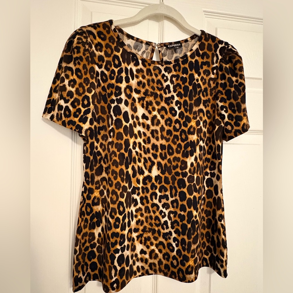 Express Black and Brown Leopard Print Short Sleeve Top